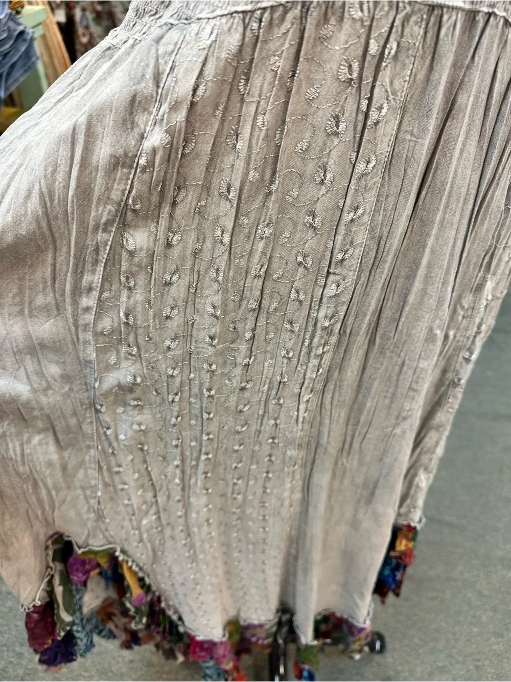 NWT Smocked Boho Light Grey Maxi Dress with Colorful Ruffle Gypsy Hem - Picture 4 of 10
